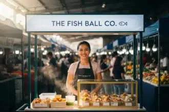 A Filipino entrepreneur serving a customer from his clean and modern food cart on a busy city street in the Philippines.