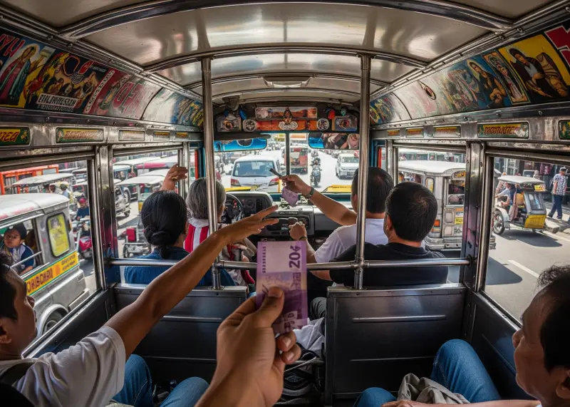 inside jeepney backpacker travel Inside view of a jeepney with passengers passing fare on a busy Philippine street.