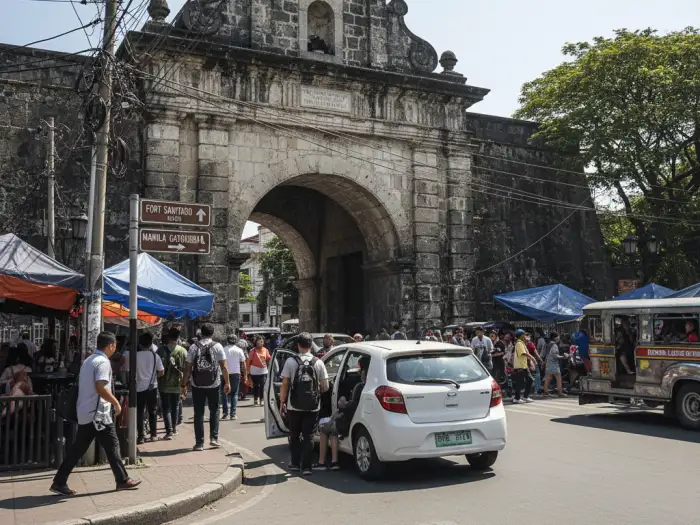 intramuros practical travel tips manila Intramuros practical travel tips Manila photo showing entrance gate, jeepney, and tourists arriving.