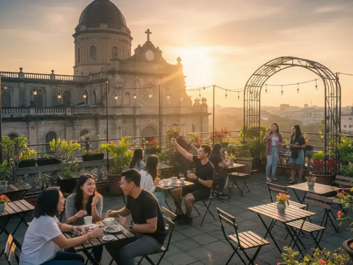 intramuros where to eat manila cathedral cafe Intramuros where to eat photo showing La Cathedral Café with rooftop views of Manila Cathedral.
