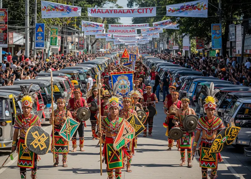 kaamulan festival malaybalay Performers in colorful indigenous costumes dancing in the Kaamulan Festival parade in Malaybalay.