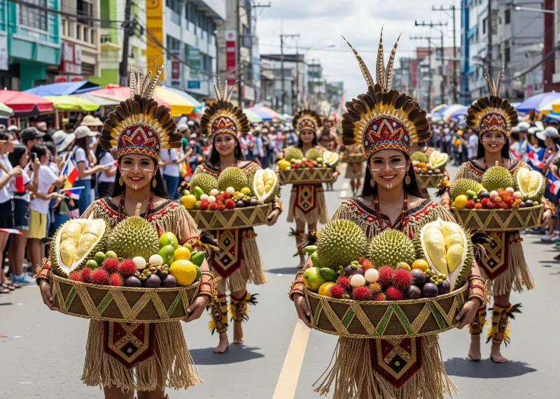 kadayawan festival davao city 2025 Kadayawan Festival dancers in Davao carrying fruit baskets during the parade.