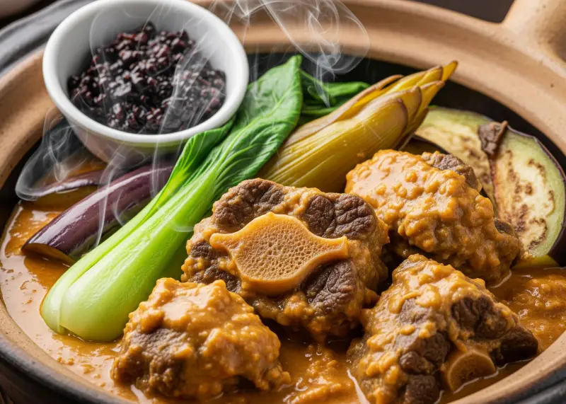 kare kare filipino comfort food Kare-kare oxtail stew with peanut sauce and bagoong on the side.