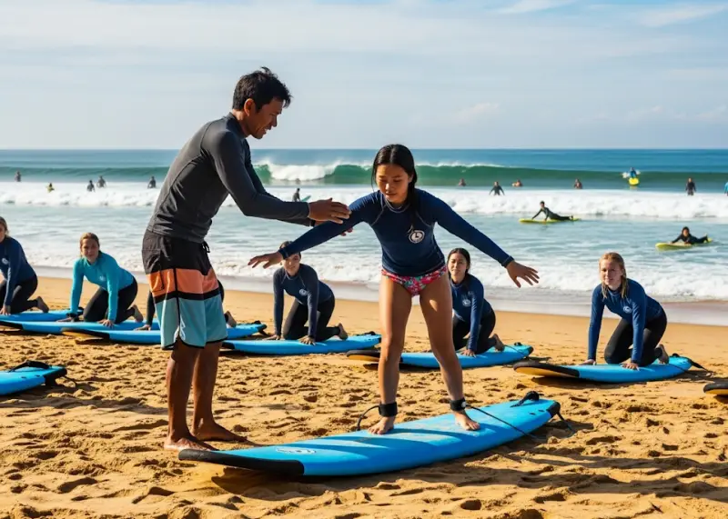 la union surf lessons beginners Surf instructor teaching a beginner on the sand in La Union.