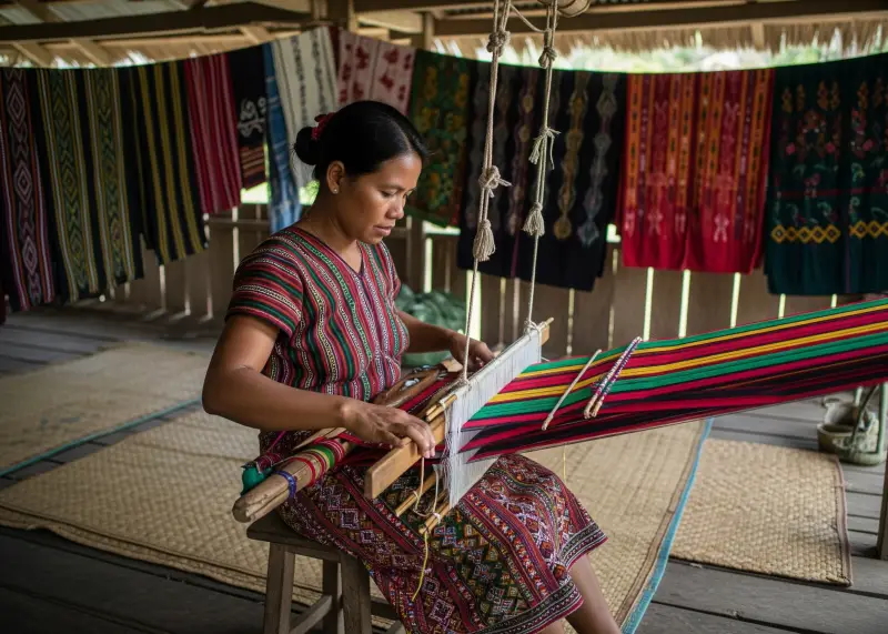 lamitan yakan weaving culture Yakan woman weaving colorful traditional textiles on a wooden loom in Lamitan.