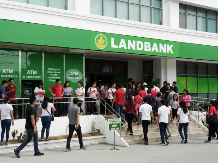 landbank local branch street scene A candid, slightly low-angle photograph capturing a busy Filipino street scene with numerous people visiting their local Landbank branch.