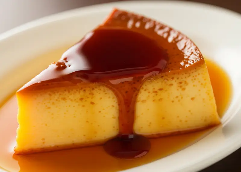leche flan closeup filipino dessert Close-up of silky leche flan slice with caramel syrup.
