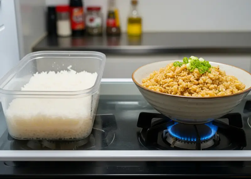leftover rice storage hacks Leftover rice stored in a tupperware and repurposed as garlic fried rice.