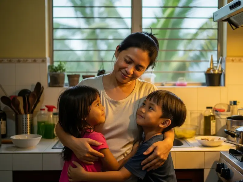 loving reminder nanay Children hugging their tired mom in the kitchen.