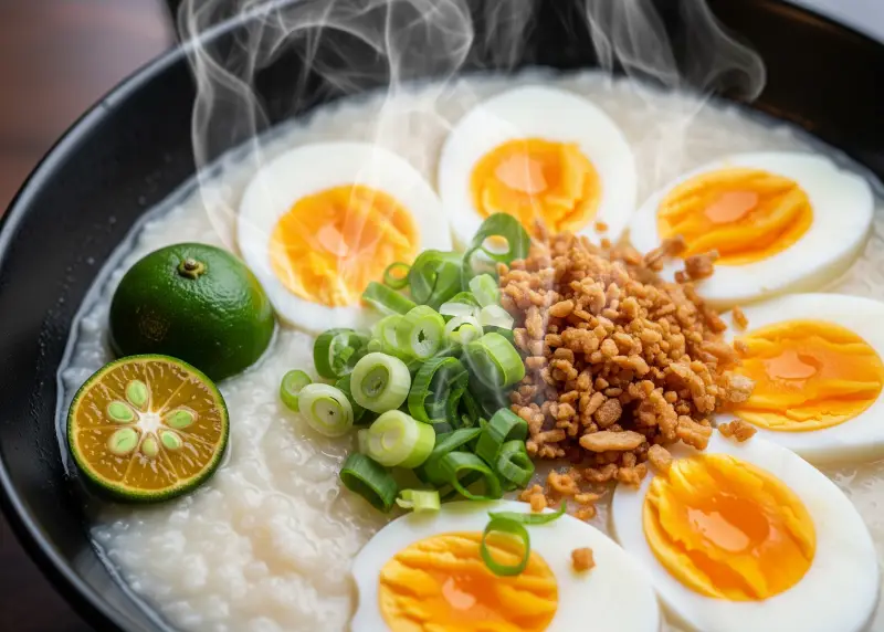 lugaw arroz caldo filipino comfort food Lugaw with boiled egg, fried garlic, and calamansi garnish.