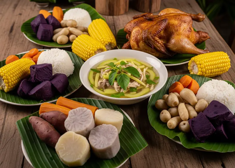 malaybalay traditional highland food Traditional Bukidnon highland food served on a wooden table with banana leaves.