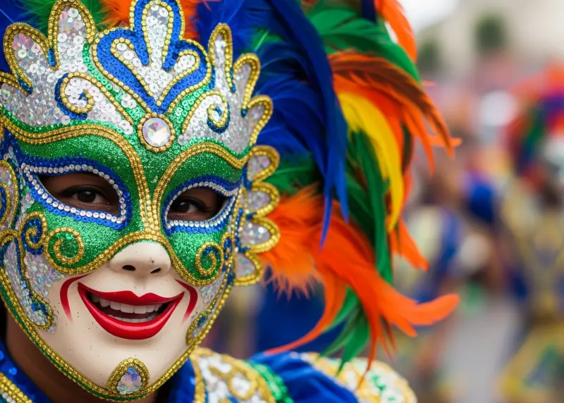 masskara festival bacolod city 2025 Dancer wearing a smiling mask with feathers at Bacolod’s MassKara Festival.