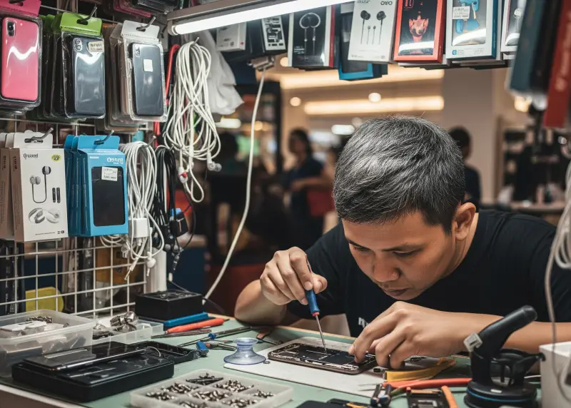 mobile phone repair accessories philippines 2025 Filipino mobile phone repair stall selling accessories and fixing gadgets.