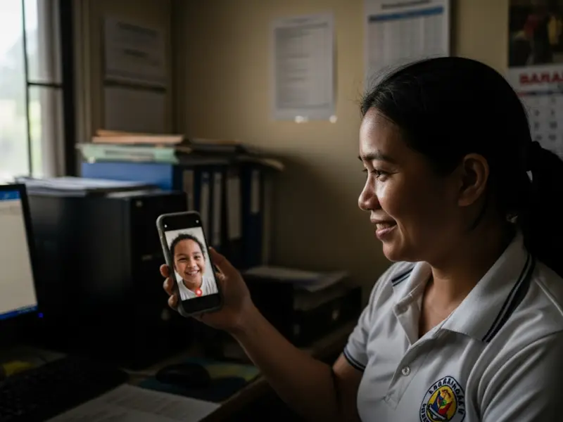 mom guilt mindset shift Working Filipina mom video calling her child during office hours.