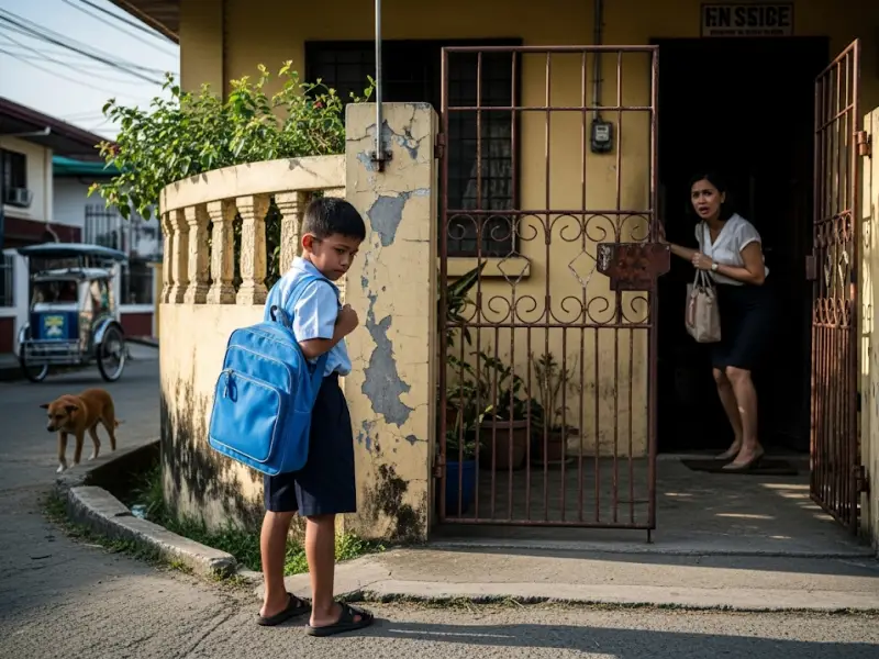 mom guilt triggers filipina Child waiting with a school bag while mom rushes to work.