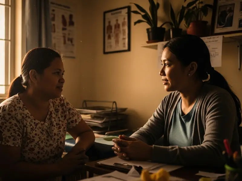 mom seeking help philippines Filipina mom consulting with a counselor in a small clinic.