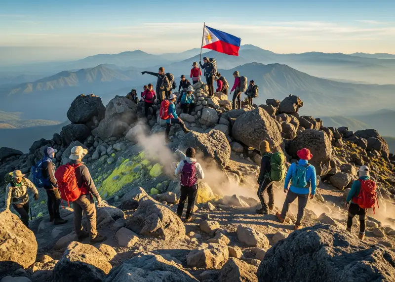 mt apo summit climb philippines Climbers standing at Mt. Apo’s rocky summit with the Philippine flag.