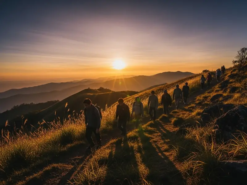 mt batulao beginner dayhike Friends hiking Mt. Batulao at sunrise with golden light on the hills.