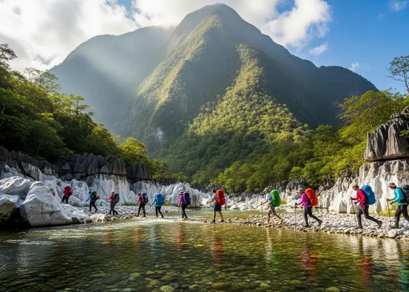 mt daraitan tinipak river rizal Hikers crossing Tinipak River with Mt. Daraitan in the background.