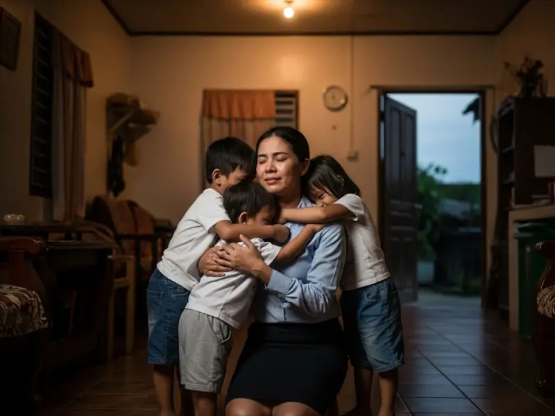 nanay more than enough Children hugging their working mom as she comes home tired but smiling.