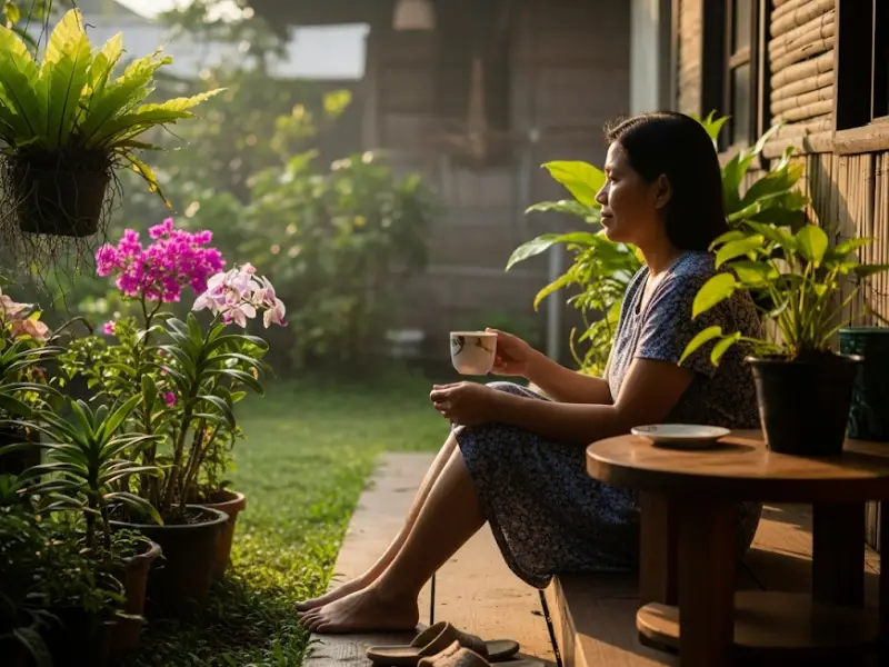 nanay pocket of peace Filipino mom enjoying a quiet coffee moment in her small garden.