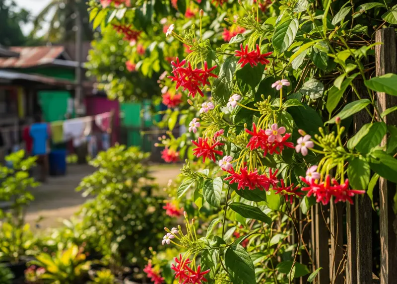 niyog niyogan herbal medicine doh Niyog-niyogan vine with pink and red flowers growing on a fence.