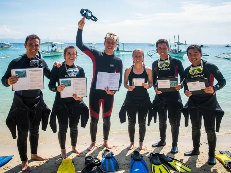 open water diving certification group Group of new divers holding certificates by the beach in the Philippines.