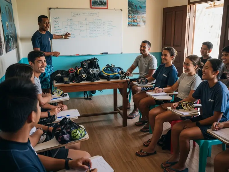 open water diving classroom orientation Diving students in a classroom orientation at a dive shop in the Philippines.