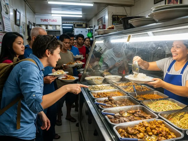 ordering food carinderia Traveler ordering at a carinderia counter like a local while others wait in line.