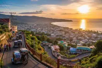 Pagadian City, Philippines, showcasing its steep hillside streets with the iconic inclined tricycles climbing up.