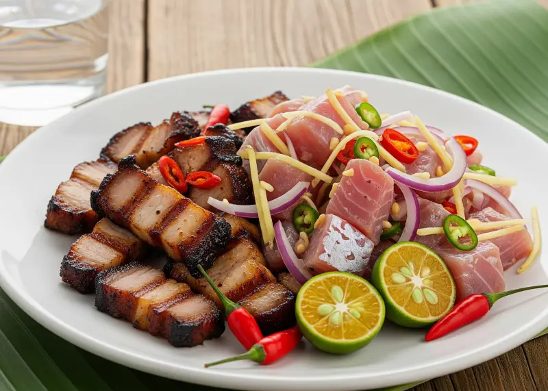 pagadian sinuglaw traditional dish Sinuglaw dish with grilled pork, vinegar-cured fish, calamansi, and chili on a wooden table.