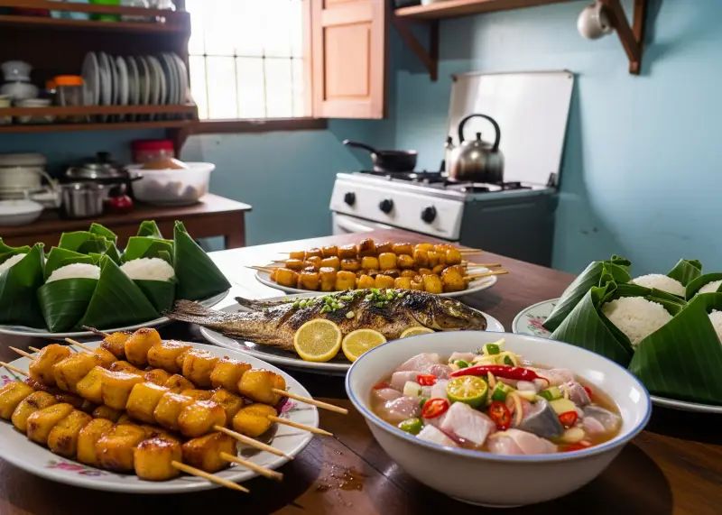 panabo city traditional food Traditional Filipino dishes from Panabo including tilapia, banana cue, kinilaw, and rice.