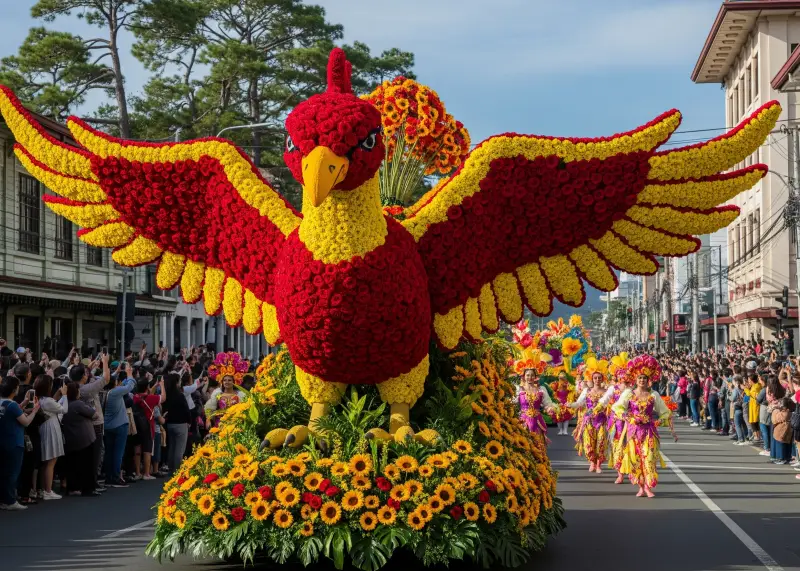 panagbenga festival baguio city 2025 Floral float decorated with sunflowers and roses at Baguio’s Panagbenga Festival.