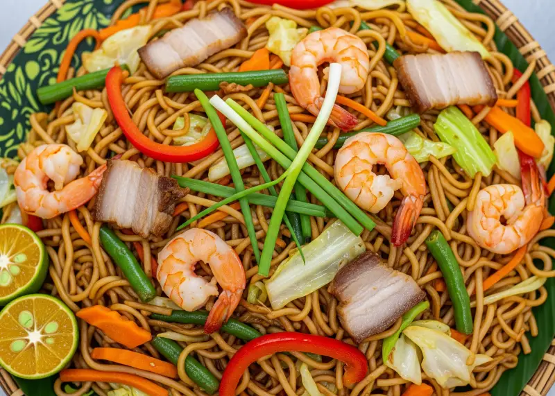 pancit canton filipino comfort food Pancit canton noodles with shrimp, vegetables, and calamansi.