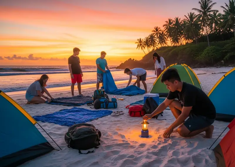 philippines budget camping beach Backpackers camping with tents on a beach in the Philippines.