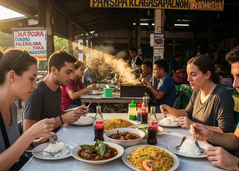 philippines carinderia budget meal Travelers enjoying rice meals at a roadside carinderia in the Philippines.
