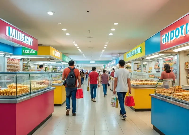 philippines franchise kiosks in mall Small franchise kiosks for waffles, burgers, and milk tea inside a Filipino shopping mall.