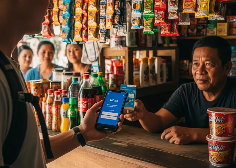 philippines gcash maya budget travel Traveler paying at a sari-sari store using GCash in the Philippines.