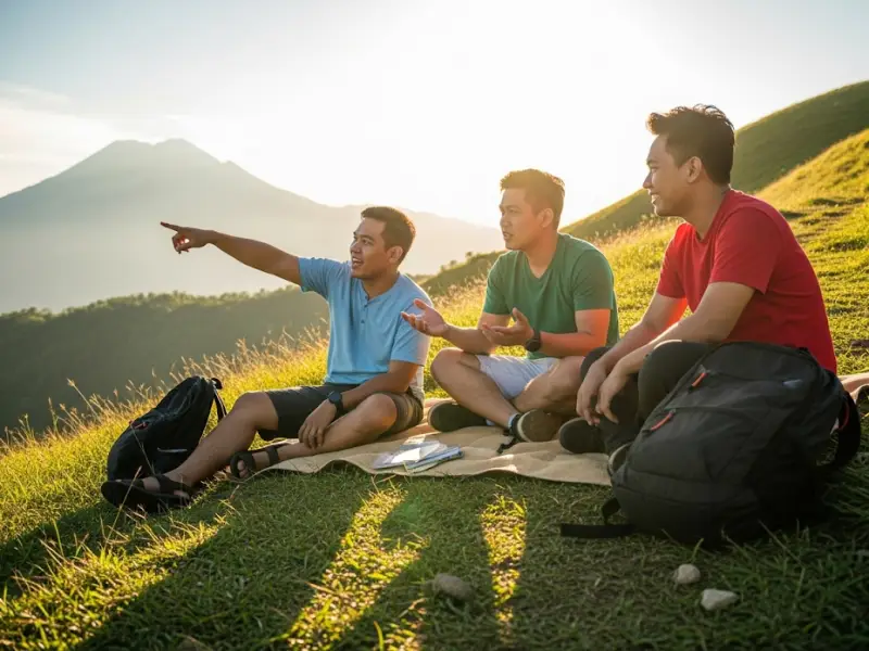 philippines hiking budget chat Filipino friends sitting on a trail, chatting and laughing about planning their first hike.