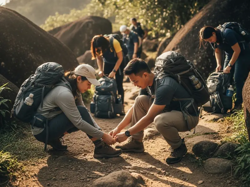 philippines hiking safety etiquette Filipino hikers helping each other on a trail while checking gear.