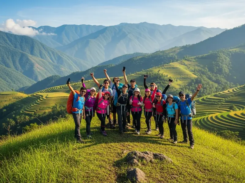 philippines hiking special views Filipino hikers on a grassy ridge overlooking rice terraces and mountains.