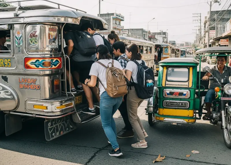 philippines jeepney tricycle travel Backpackers riding a jeepney and tricycle in a Philippine town.