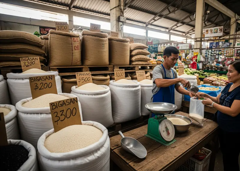 philippines rice store market Simple rice retail store inside a local market with sacks of rice and a weighing scale.