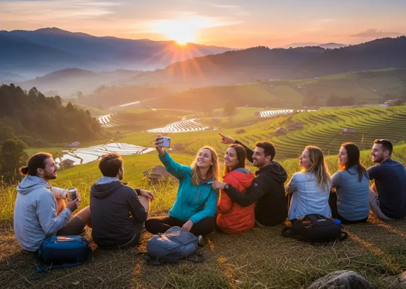 philippines sunrise budget travel Travelers watching sunrise on a hill overlooking rice fields in the Philippines.