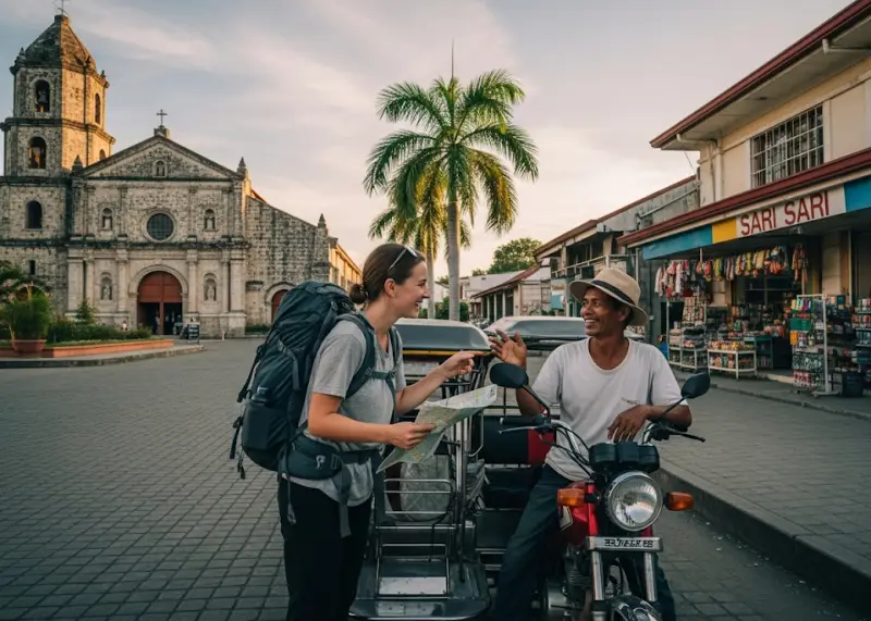 philippines talking to locals travel hack Traveler asking directions from a tricycle driver in a small town in the Philippines.