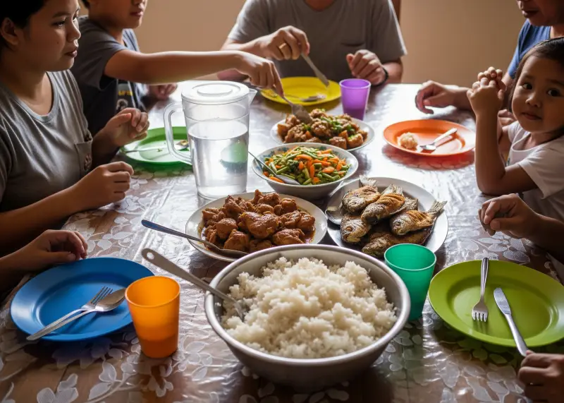 pinoy meal perfect rice Filipino family meal with rice at the center of the table.