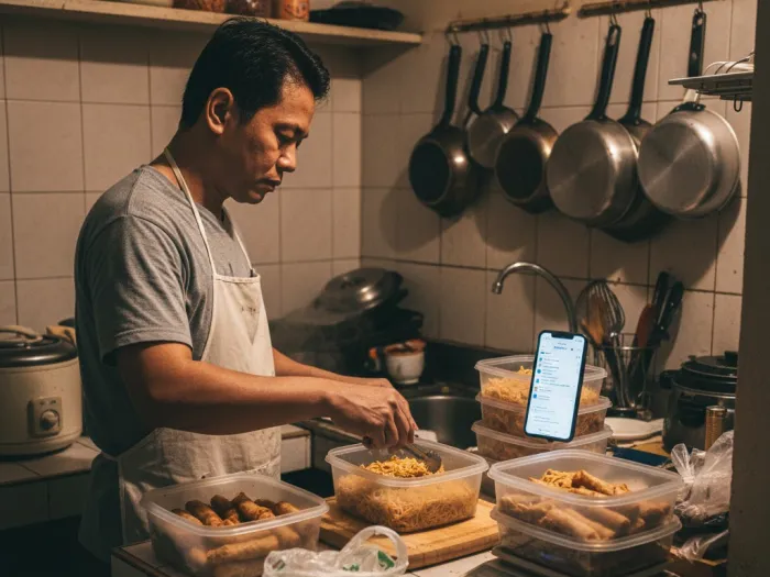 pinoy side hustles extra income kitchen prep Filipino preparing homemade food trays as a side hustle.