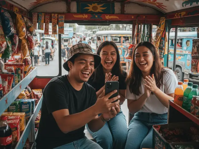 pinoy tiktok influencers philippine creators Filipino TikTok creators filming comedy skit in a street setting