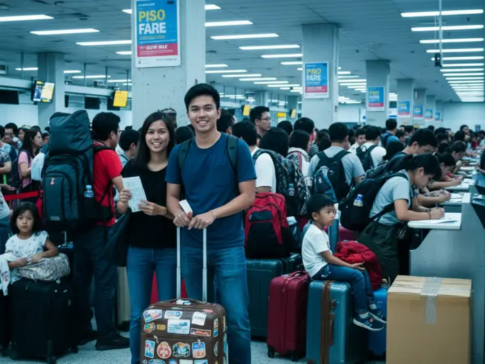 piso fare seat sale philippines Filipino travelers lining up at NAIA Terminal 3 during a Piso Fare promo flight.