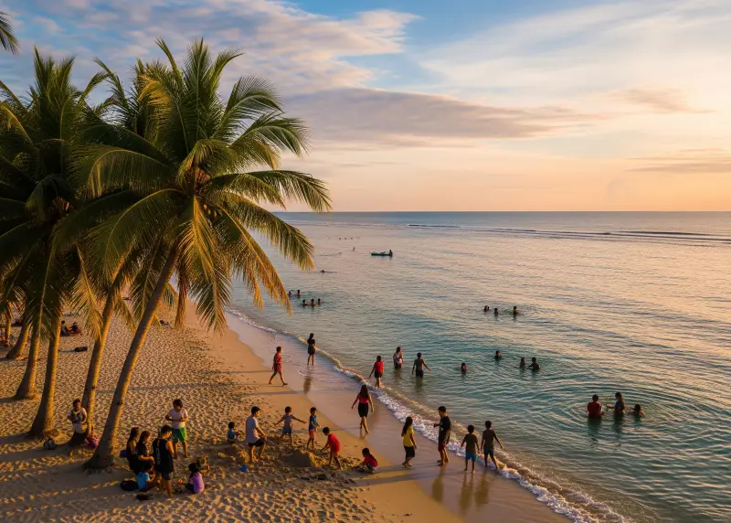 public beach budget travel philippines Drone view of families and kids enjoying a public beach at sunset in the Philippines.